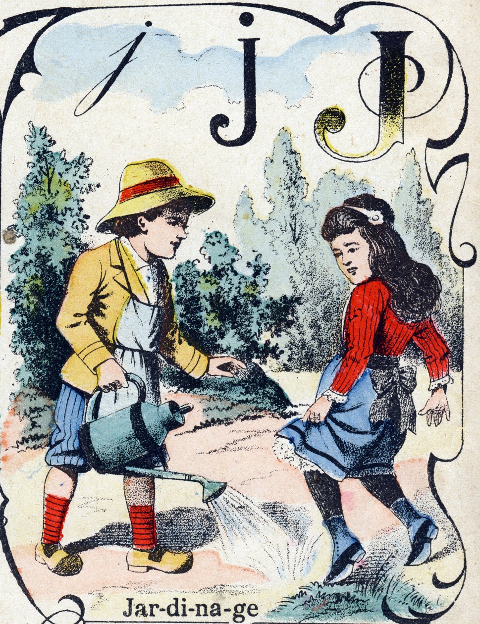 Bokstav J: Trädgårdsskötsel. Gravyr i "ABC des joux pour petits boys". Avbildning av Pont-a-Mousson, Louis Vagne, tryckare-förlag, sent 1800-tal. Mått: 32,5x25 cm av French School