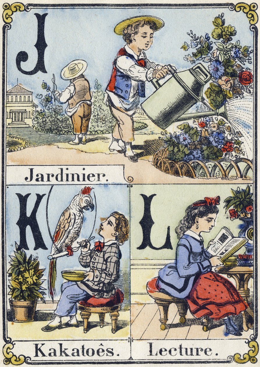 Bokstaven J, K och L: trädgårdsmästare, kakatoes och läsning. Rekreativt alfabet. Epinal avbildning. Stencilerade trästick, ca 1880. Litet 16-sidigt häfte av French School