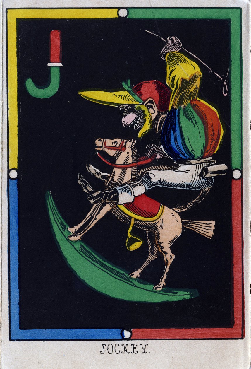Bokstaven J som jockey (apa på en gunghäst). Alfabetet av apor. Trägravyr. Avbildning av Epinal av French School