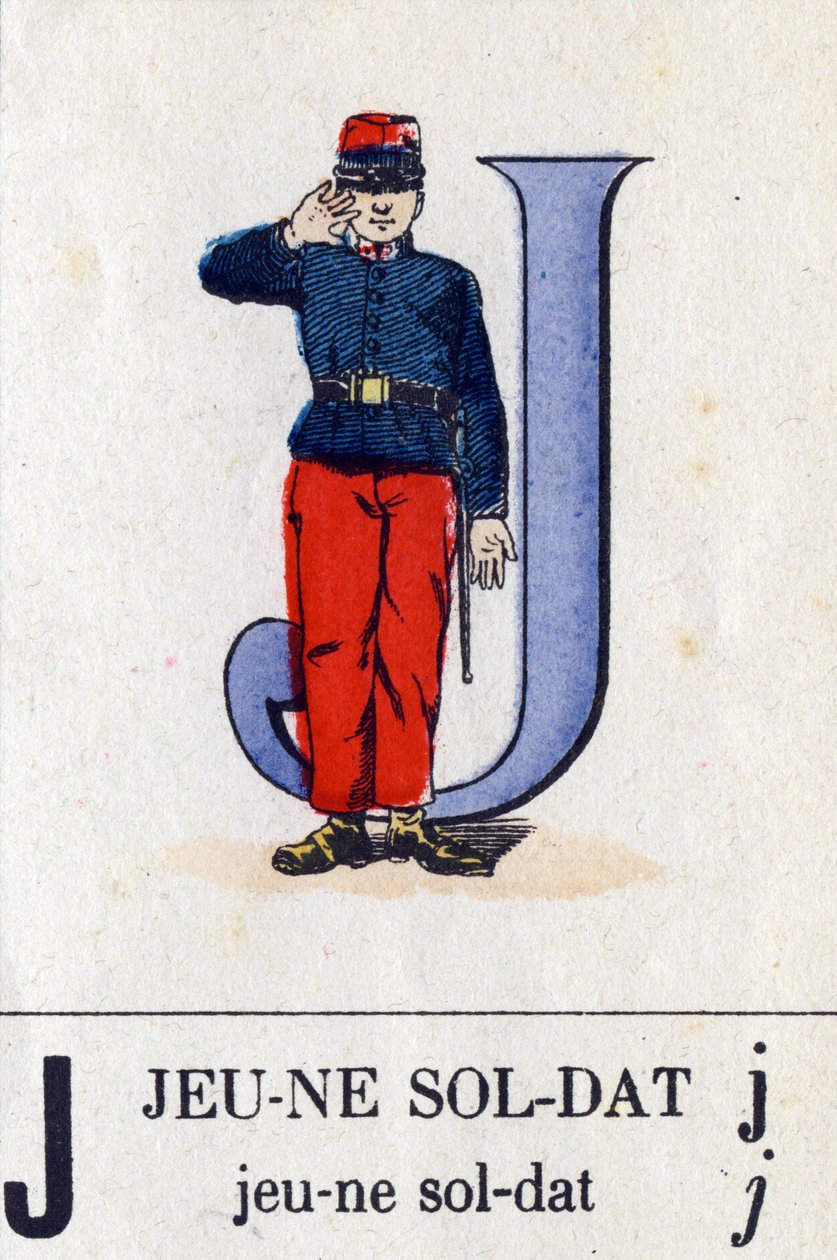 Bokstaven J som ung soldat. Militärt alfabet. Avbildning av Epinal, cirka 1870-1880. Stencilfärgade träsnitt av French School