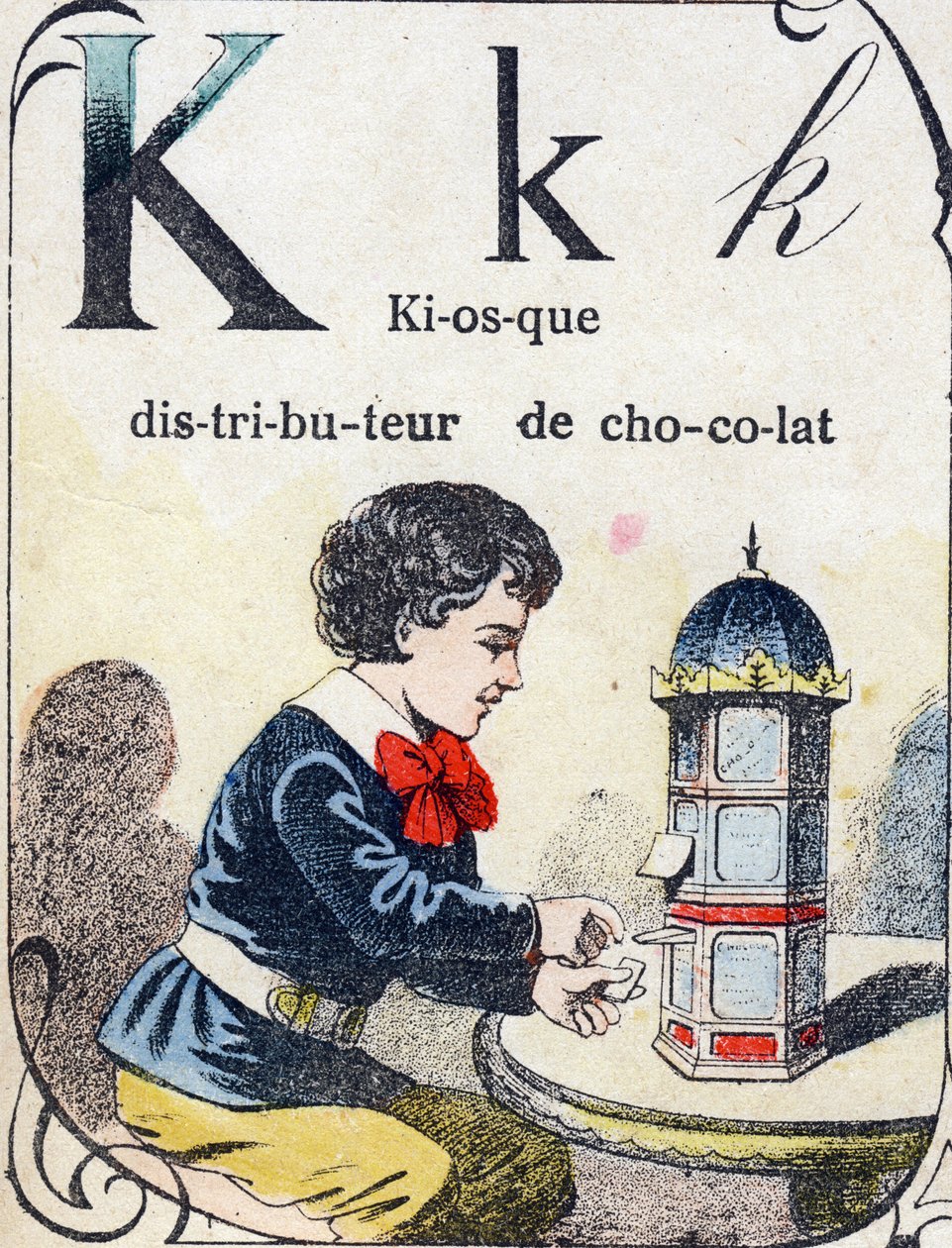 Bokstaven K: chokladautomatkiosk. Gravyr i "ABC des joux pour petits boys". Avbildning av Pont-a-Mousson, Louis Vagne, tryckare-förlag, sent 1800-tal. Mått: 32,5x25 cm av French School