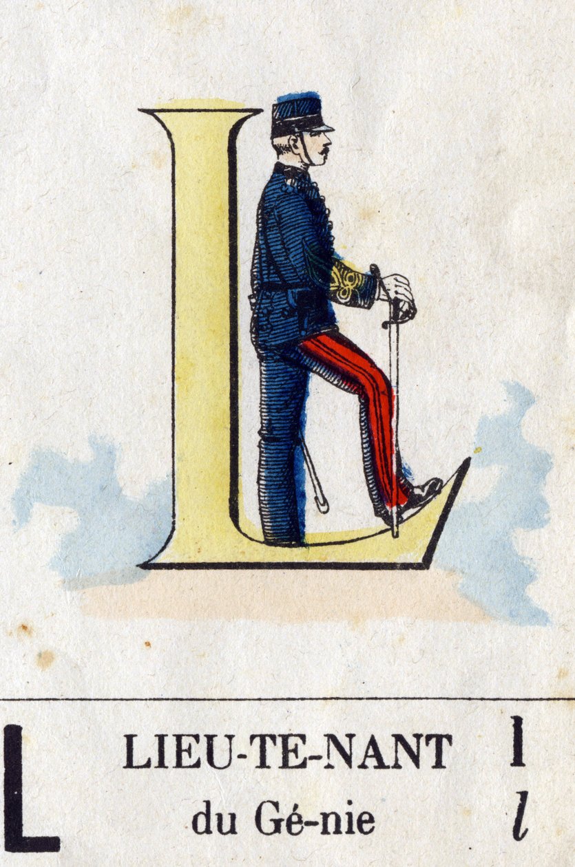 Bokstaven L som löjtnant. Militärt alfabet. Avbildning av Epinal, cirka 1870-1880. Stencilfärgade träsnitt av French School