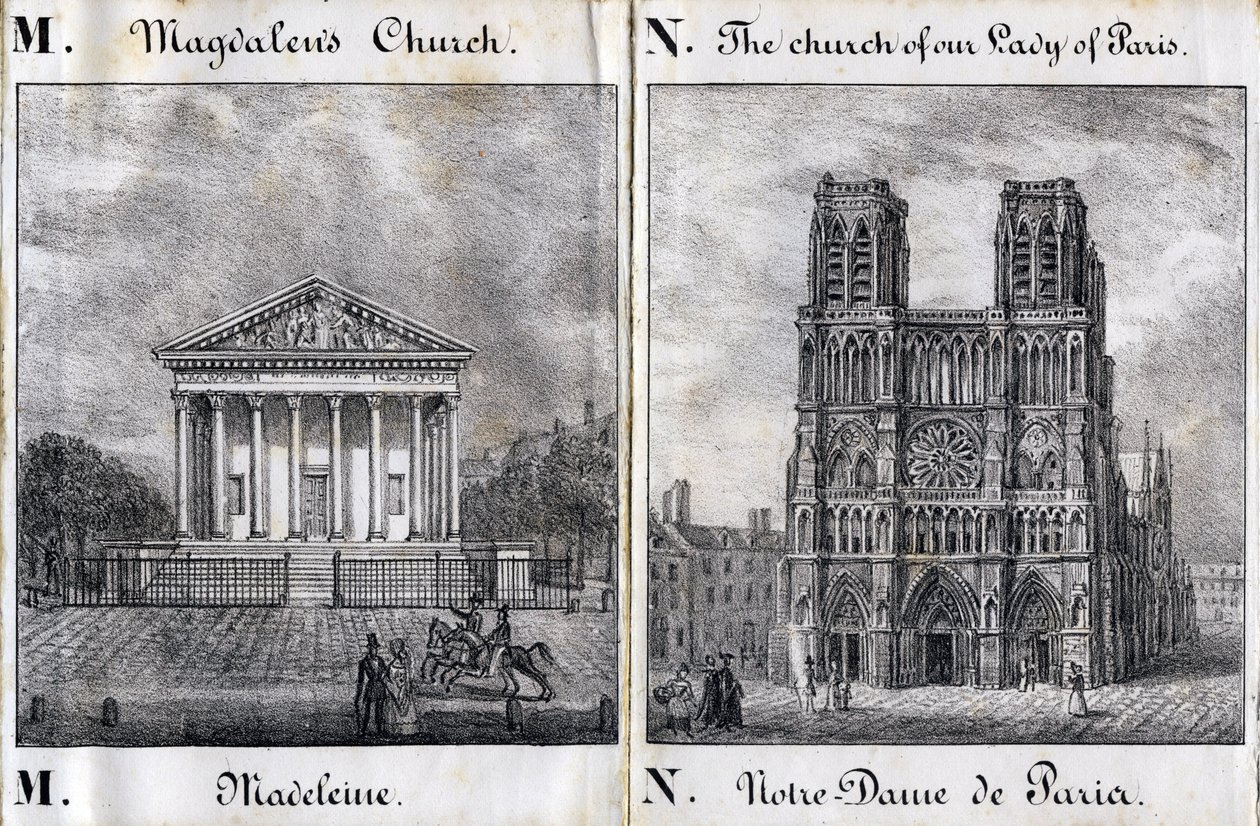 Bokstaven M Madeleine och N Notre-Dame de Paris (Notre Dame de Paris) - "Alphabet Picturesque des Monumens de Paris" c.1840 (gravyr) av French School