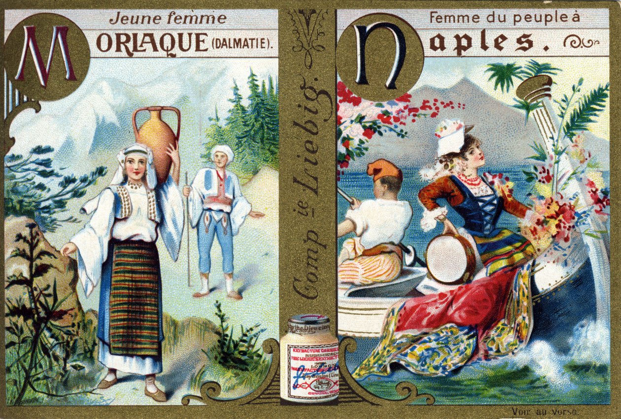 Bokstaven M som Morlac Young Woman och N som Woman of the People in Neapel. Kvinnors alfabet. Serie om 12 bilder. Liebig reklam av French School