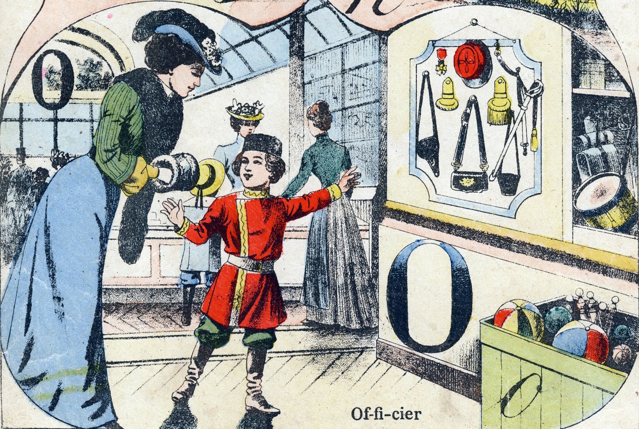 Bokstaven O Officer. Gravyr i "ABC des joux pour petits boys". Avbildning av Pont-a-Mousson, Louis Vagne, tryckare-förlag, sent 1800-tal. Mått: 32,5x25 cm av French School