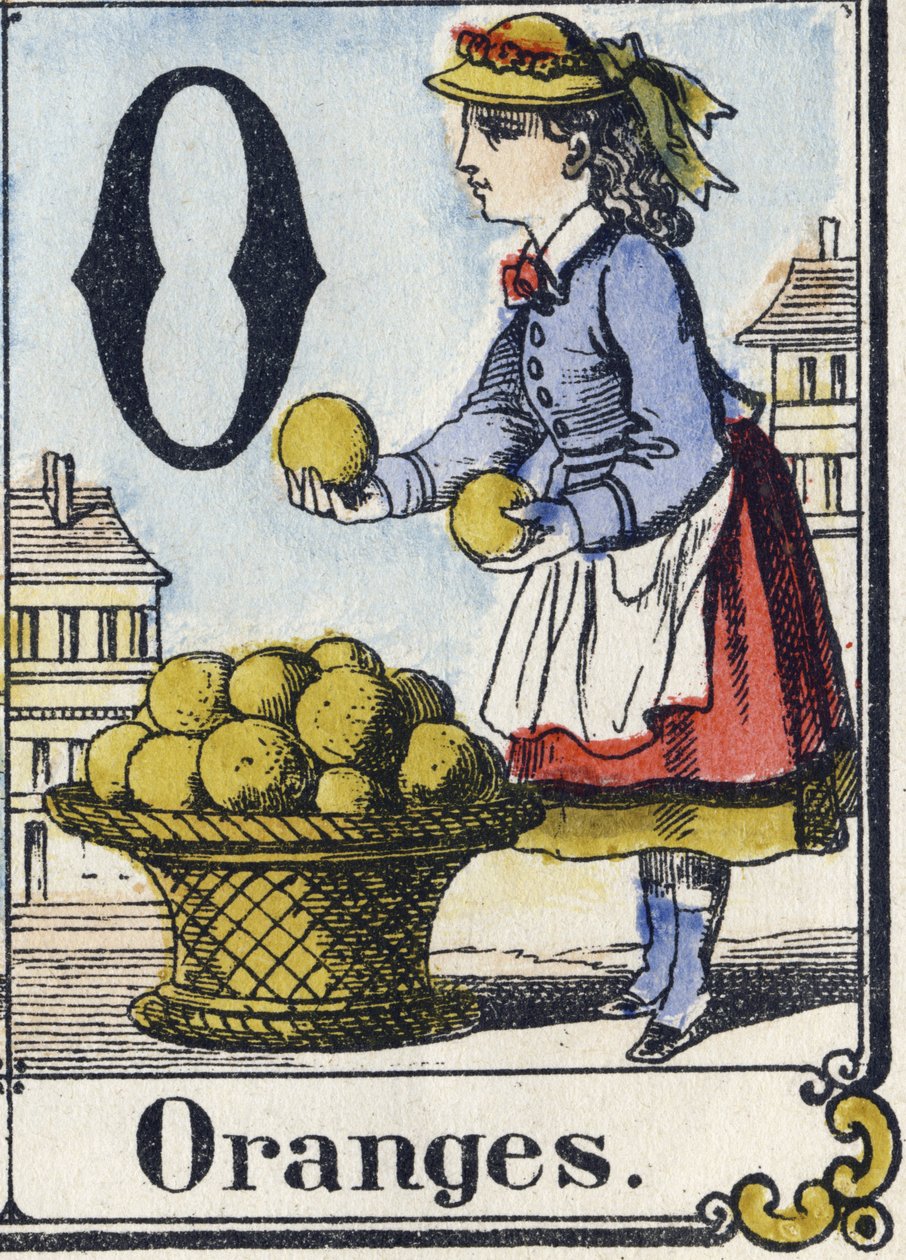 Bokstaven O: Apelsiner. Rekreativt alfabet. Epinal avbildning. Stencilerade trästick, ca 1880. Litet häfte på 16 sidor av French School