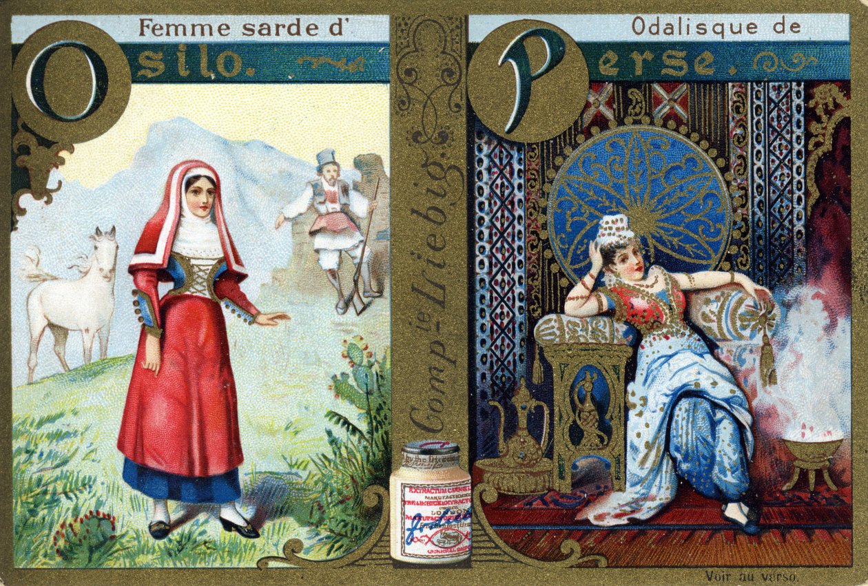 Bokstaven O som Sardinian Woman of Osilo och P som Odalisk of Persia. Kvinnors alfabet. Serie om 12 bilder. Liebig reklam av French School