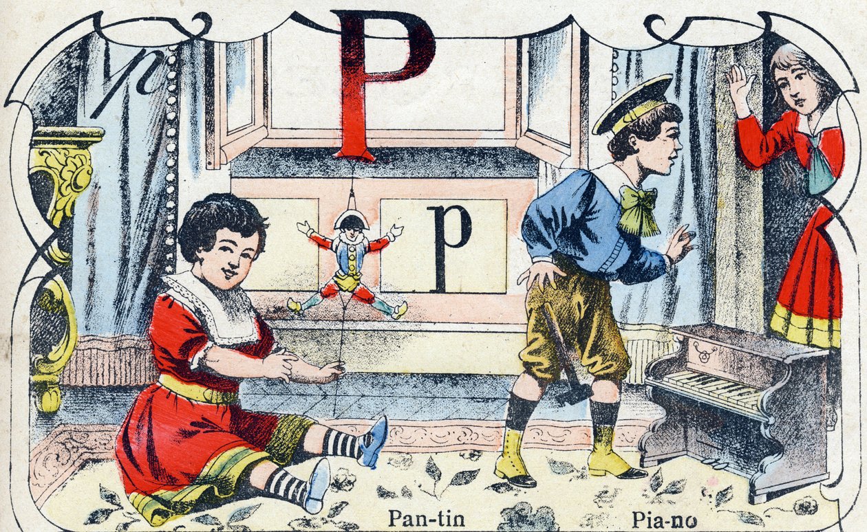 Bokstaven P Pantin Piano. Gravyr i "ABC des joux pour petits boys". Avbildning av Pont-a-Mousson, Louis Vagne, tryckare-förlag, sent 1800-tal. Mått: 32,5x25 cm av French School