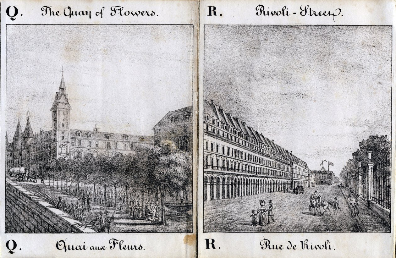 Bokstäverna Q och A: Blomsterdockan och Rivoli-gatan - "Alphabet Picturesque des Monumens de Paris" ca 1840 (gravyr) av French School