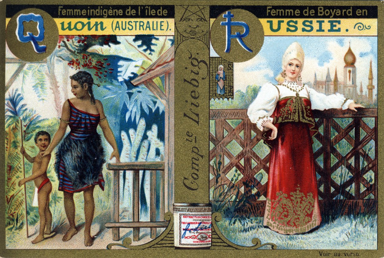 Bokstaven Q som ursprungskvinna från Quoin Island och R som Boyars kvinna i Ryssland. Kvinnors alfabet. Serie om 12 bilder. Liebig reklam av French School
