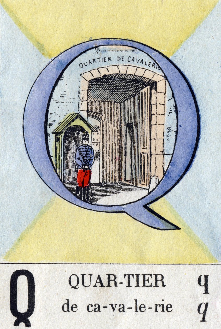 Bokstaven Q som en stadsdel. Militärt alfabet. Avbildning av Epinal, cirka 1870-1880. Stencilfärgade träsnitt av French School