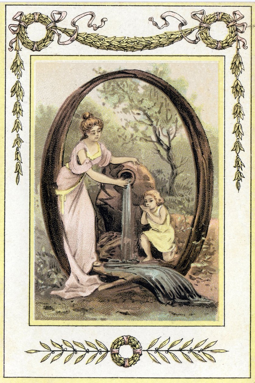 Bokstaven Q representerar en mor och hennes son som dricker vatten från våren, sent 1800-tal (kromolitografi) av French School