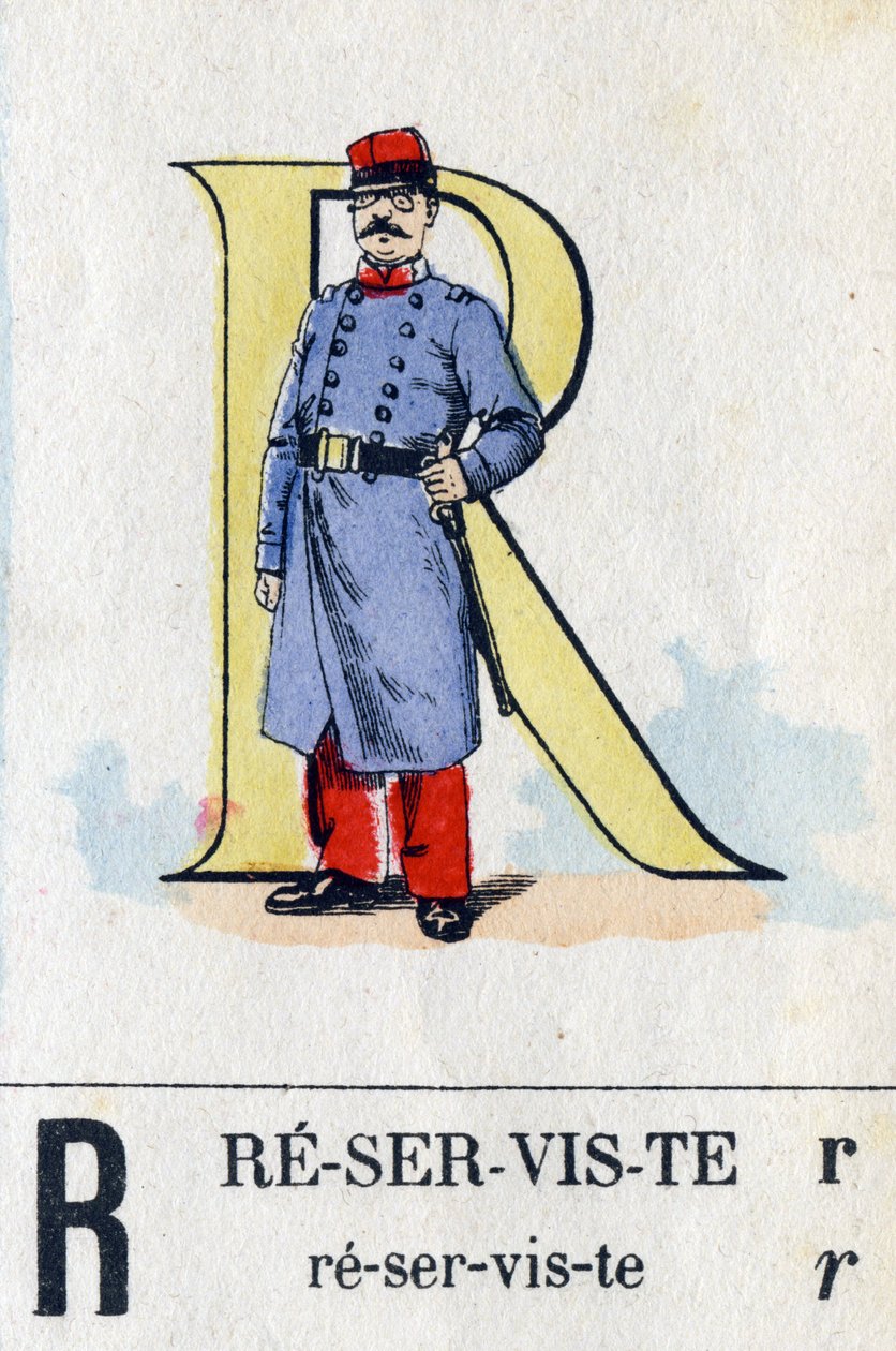 Bokstaven R som reservist. Militärt alfabet. Avbildning av Epinal, cirka 1870-1880. Stencilfärgade träsnitt av French School