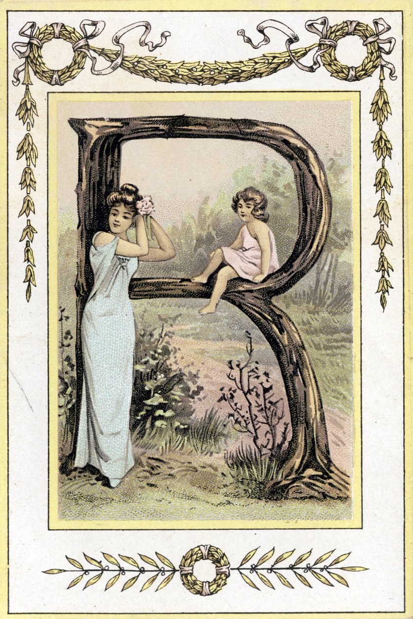 Bokstaven R representerar en mor och dotter, sent 1800-tal (kromolitografi) av French School