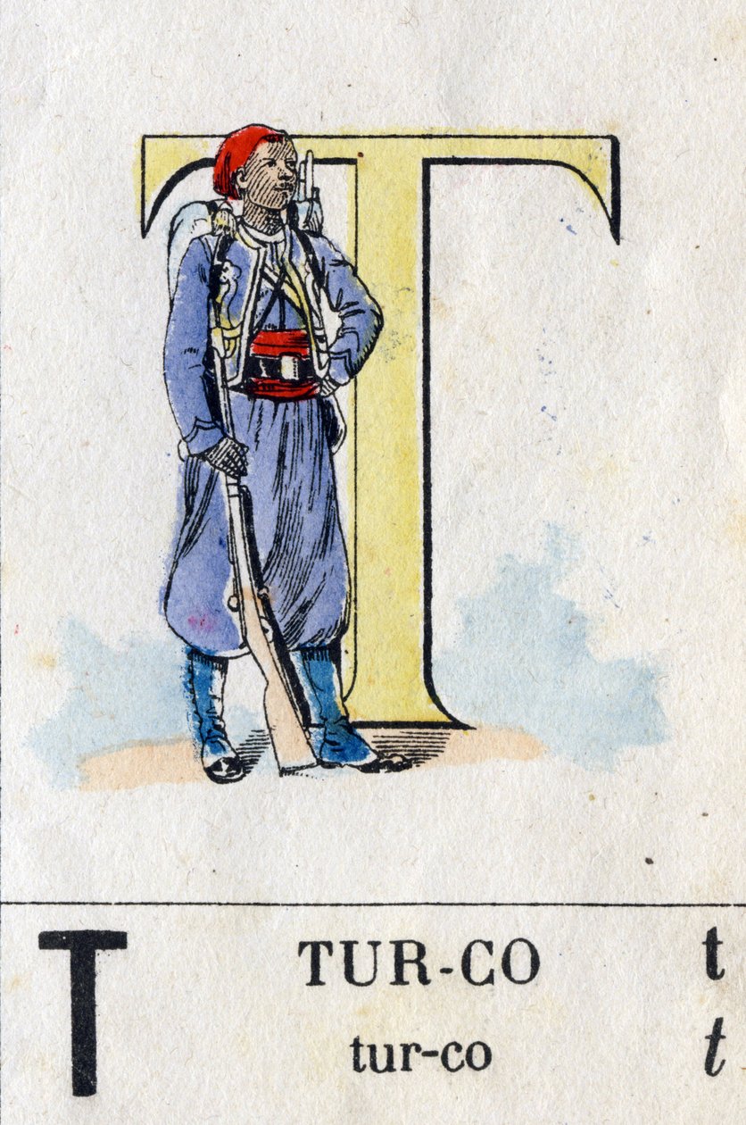 Bokstaven T som turco. Militärt alfabet. Avbildning av Epinal, cirka 1870-1880. Stencilerad trägravyr av French School