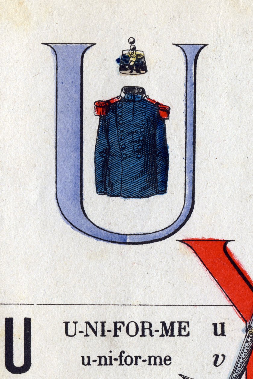 Bokstaven U som uniform. Militärt alfabet. Avbildning av Epinal, cirka 1870-1880. Stencilfärgade träsnitt av French School