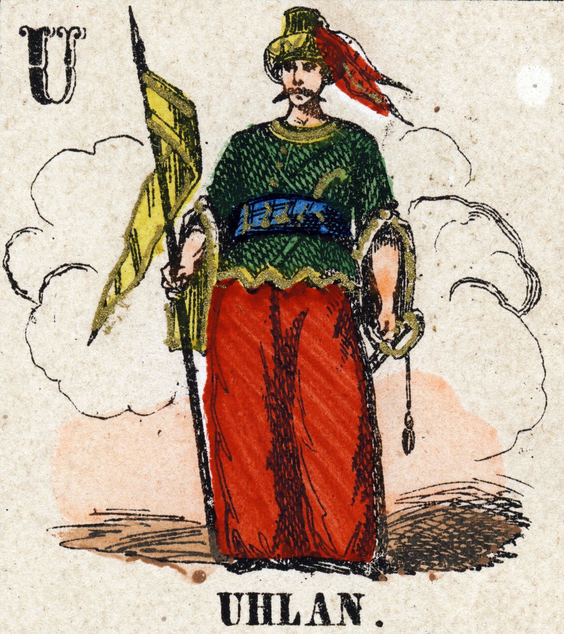 Bokstaven U som Uhlan. Litet encyklopediskt alfabet. Avbildning av Epinal, ca 1860. Trästick, stencilerad med förgyllning. Mått: 37,8x50,3cm. Privat samling av French School