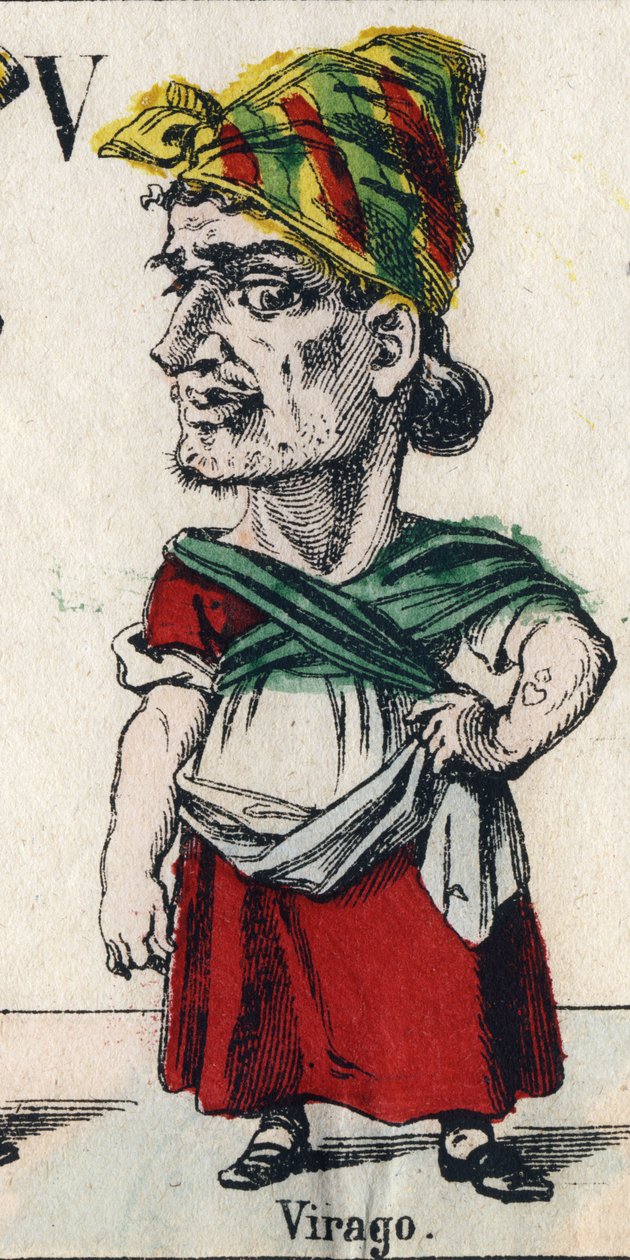 Bokstaven V: Virago (genom förnedring, flicka eller kvinna av stor storlek, som har en mans seder). Gravyr i "" Comic Alphabet "". Ny Epinal avbildning. Litografi Pinot et Sagaire, redaktörer, mellan 1860 och 1888. Plåt nr 491 med 25 upplysta bokstäver. Dä av French School