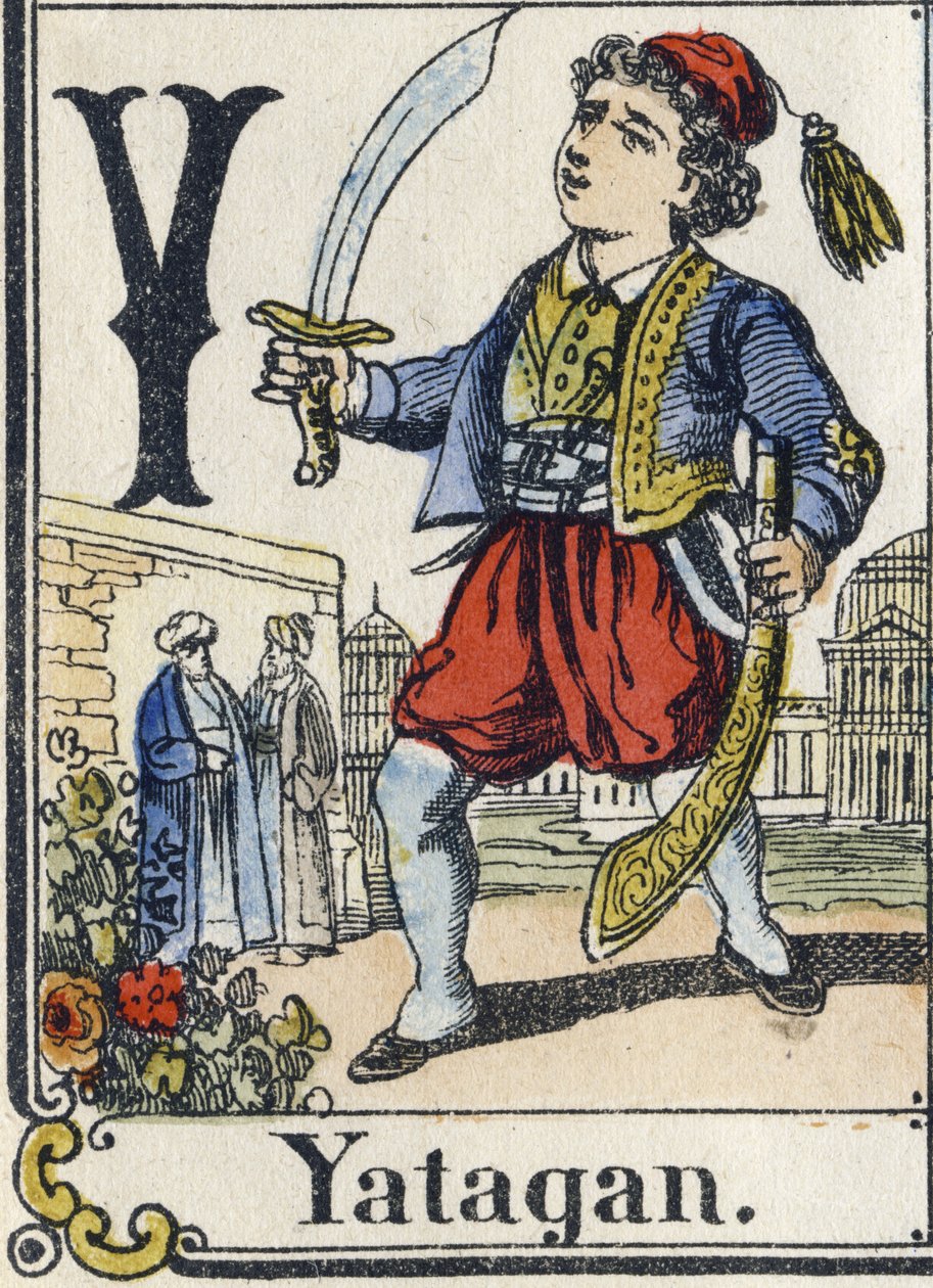 Bokstaven Y: Yatagan. Rekreativt alfabet. Epinal avbildning. Stencilerade trästick, ca 1880. Litet häfte på 16 sidor av French School