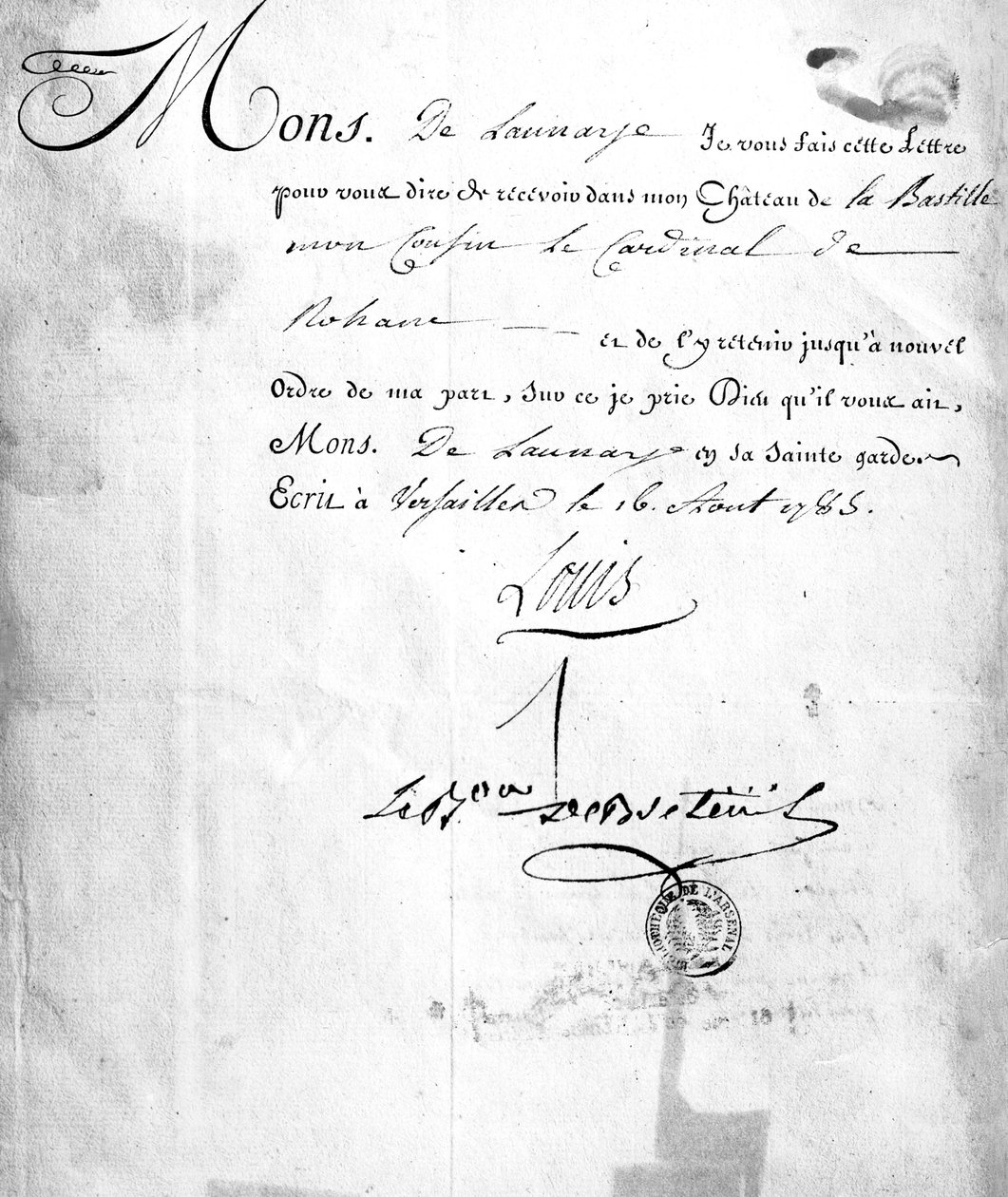 Brev från Carhel, undertecknat av baron Louis de Breteuil, som beordrade att kardinal de Rohan skulle fängslas i 