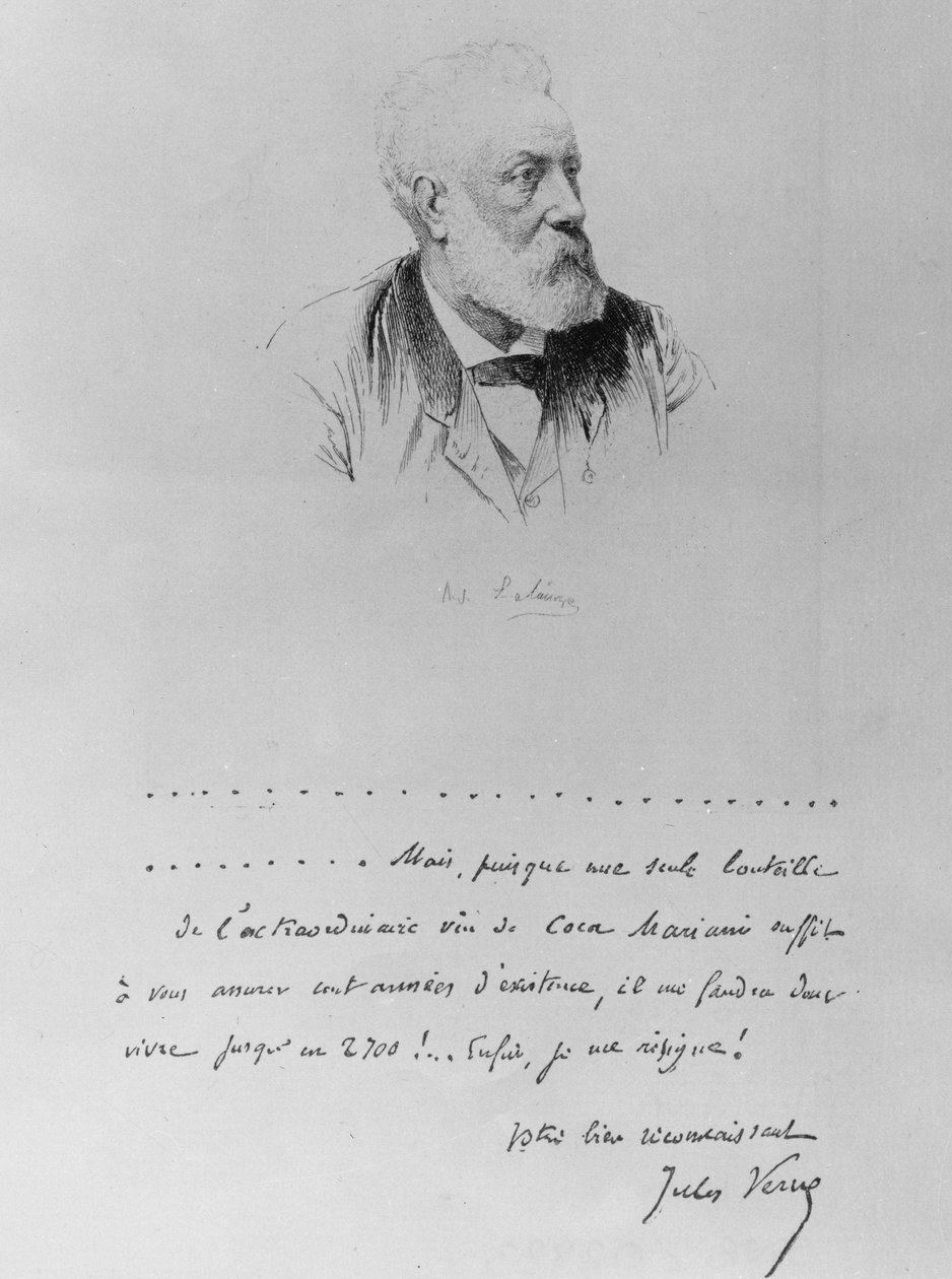 Brev från Jules Verne med porträtt av författaren (1828-1905). av French School