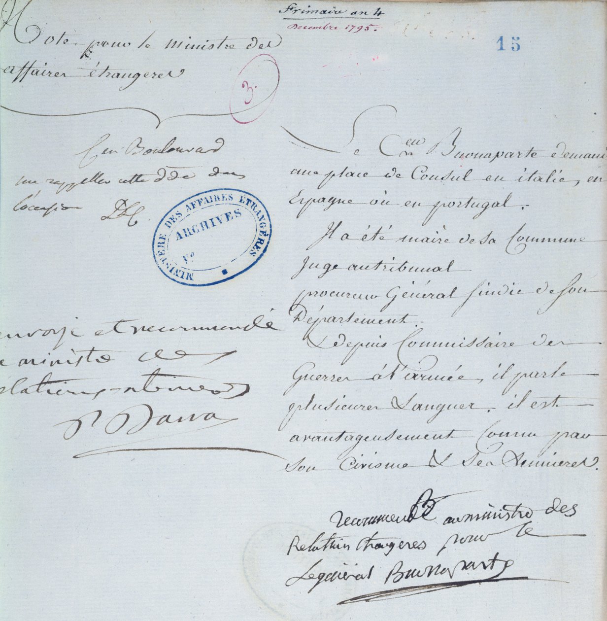 Rekommendationsbrev undertecknat av Napoleon Bonaparte (1769-1821) för sin bror, Joseph (1768-1844) december 1795 av French School