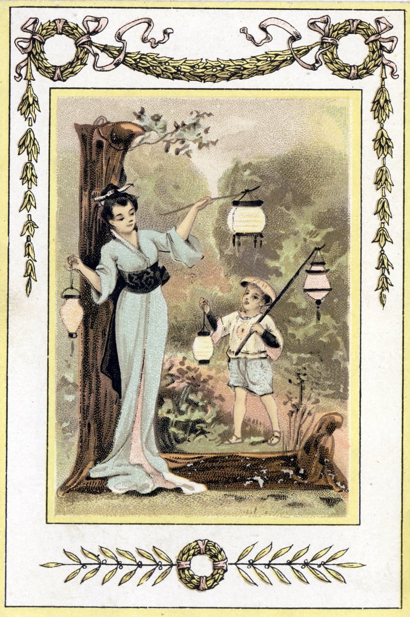 Brev föreställande en japansk mor och hennes son med lyktor, sent 1800-tal (kromolitografi) av French School