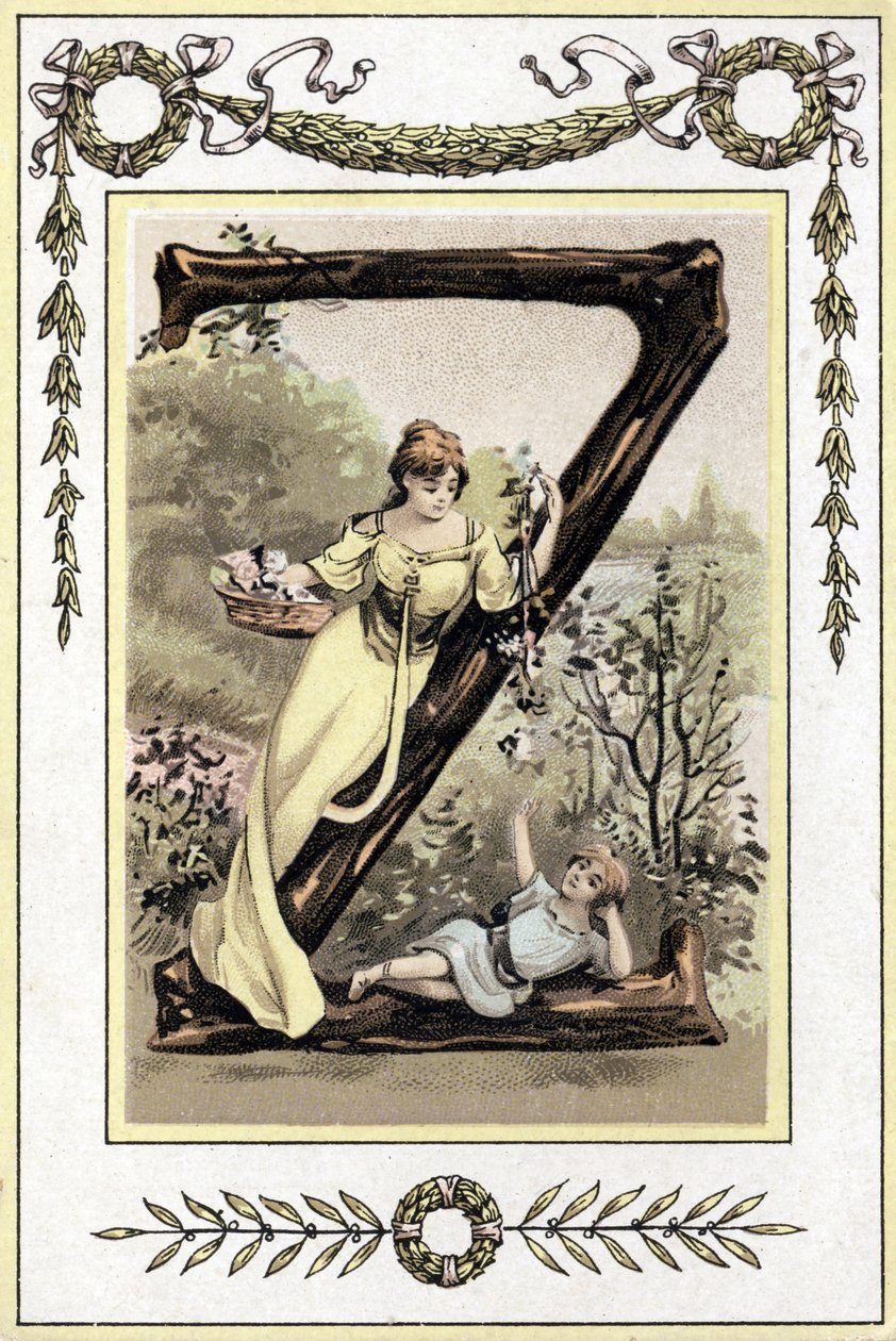 Brev föreställande en mor och hennes son, sent 1800-tal (kromolitografi) av French School