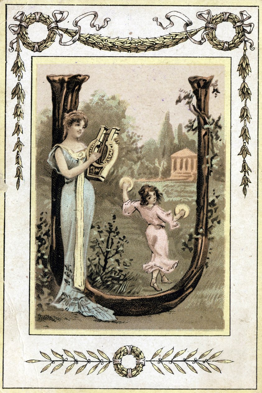 Brev som föreställer en mor som spelar lyra och hennes dotter som dansar med timpani, sent 1800-tal (kromolitografi) av French School