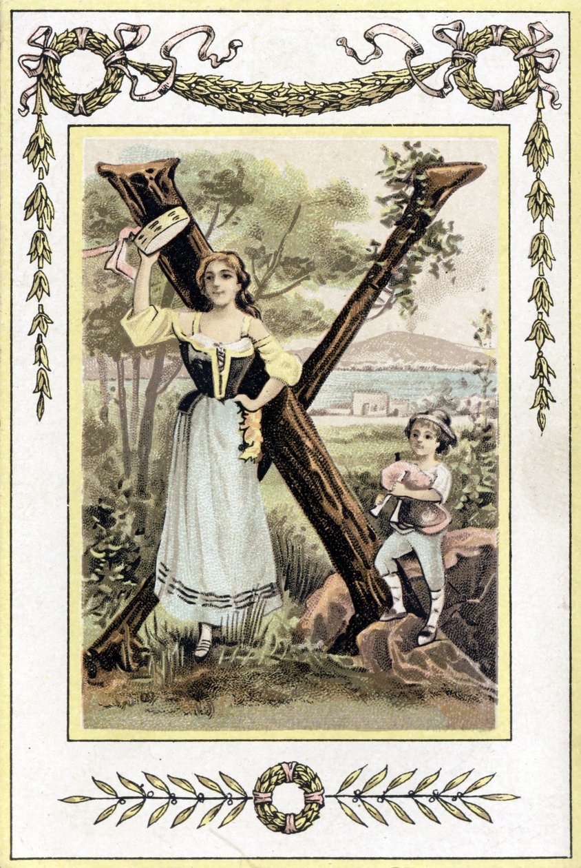 Brev som föreställer en mor med en pauk och hennes son i en herde med en säckpipa, sent 1800-tal (kromolitografi) av French School
