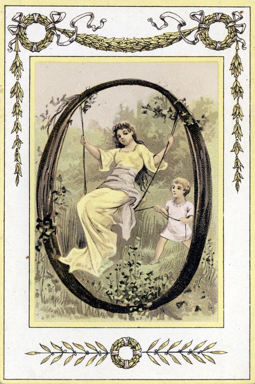 Brev som föreställer en svängande mor och hennes son, sent 1800-tal (kromolitografi) av French School