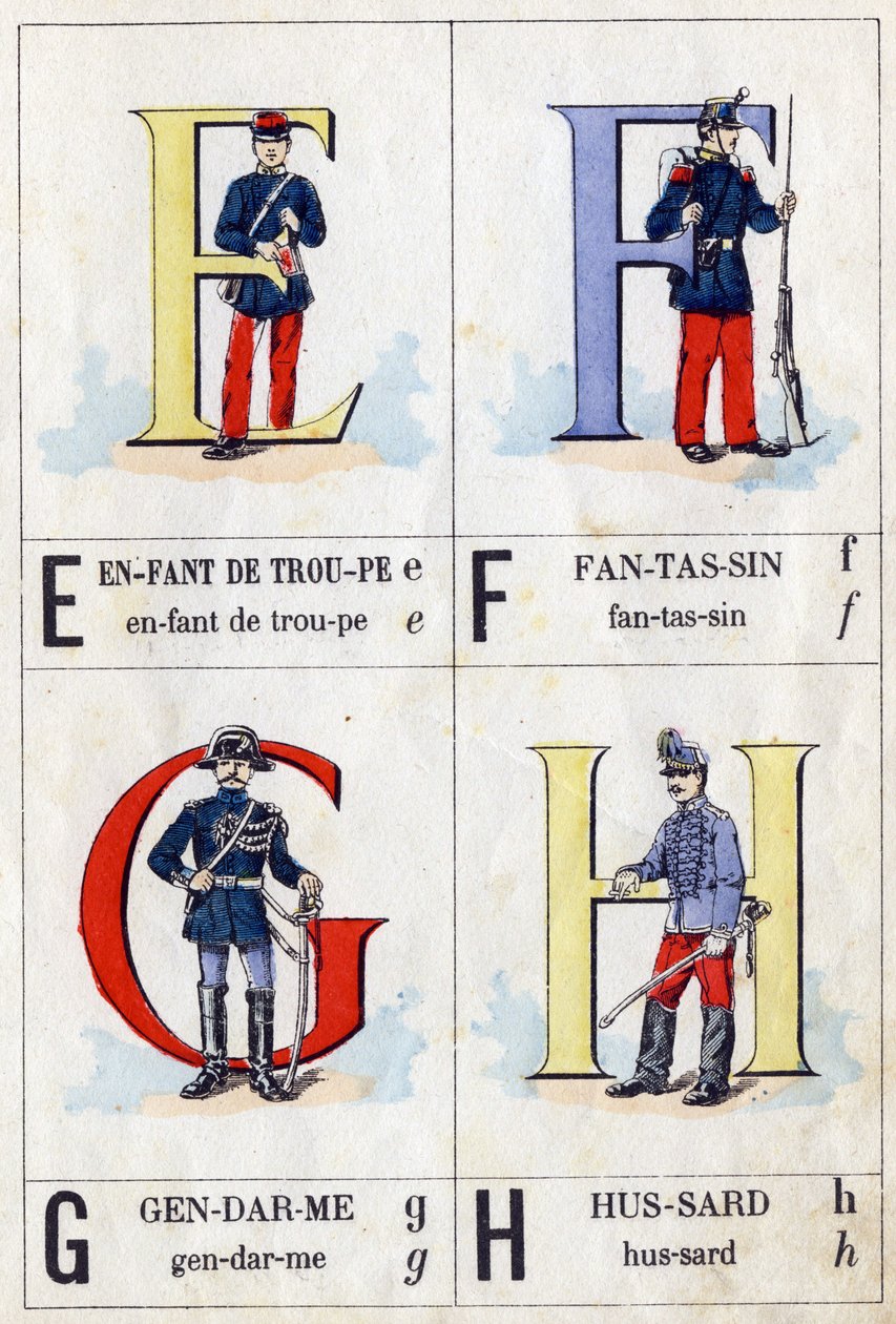 Bokstäverna E som truppbarn, F som infanterist, G som fotman och H som hussard. ABC militär. Avbildning av Epinal av French School