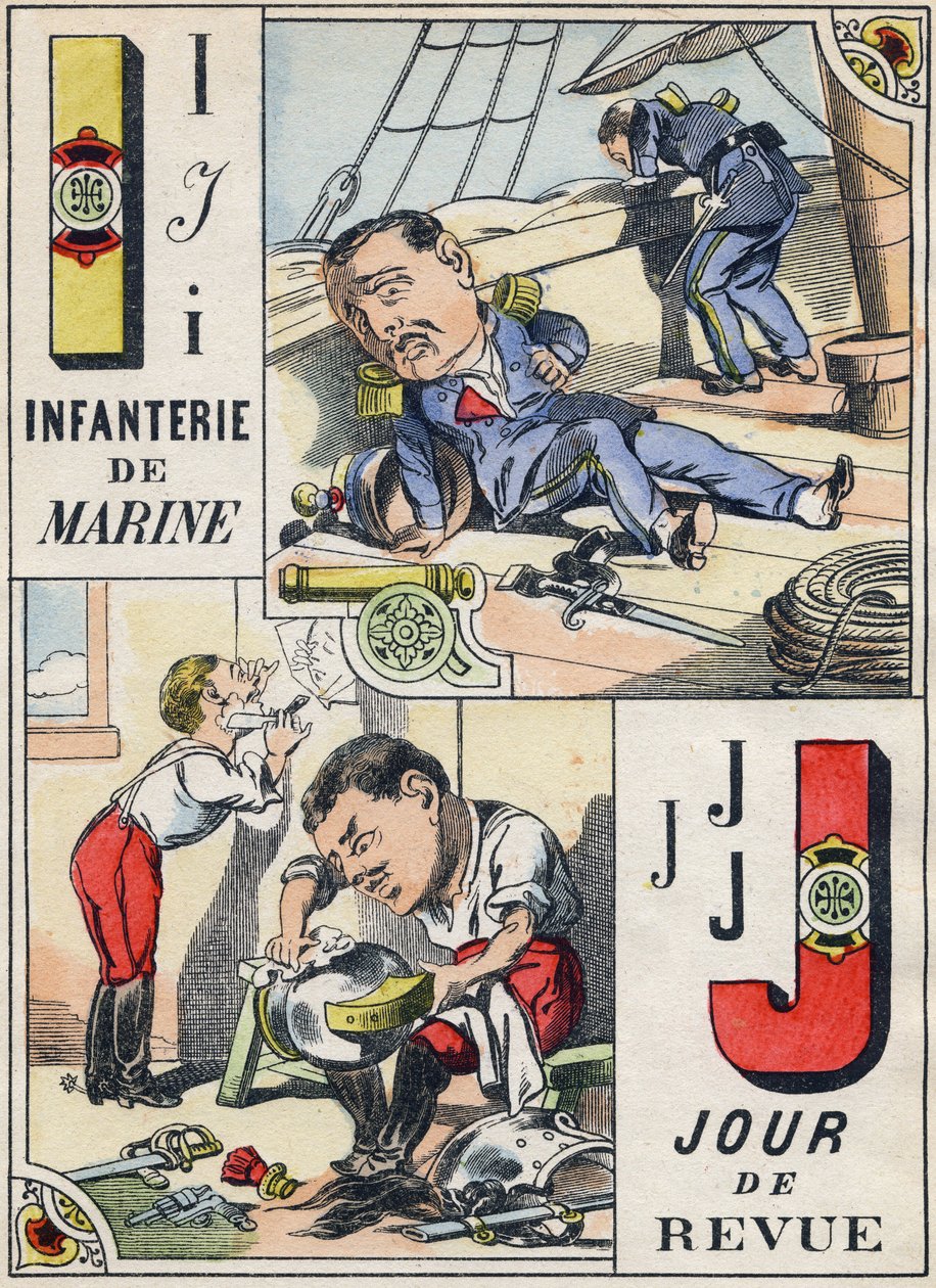 Bokstäverna I och J: Marinens infanteri- och granskningsdag. Gravyr i "Comic Military Alphabet". Femte serien. Epinal avbildning. Pellerin och Cie, Printers, Epinal, sent 1800-tal. 16 sidor. Mått: 25x18,5cm av French School