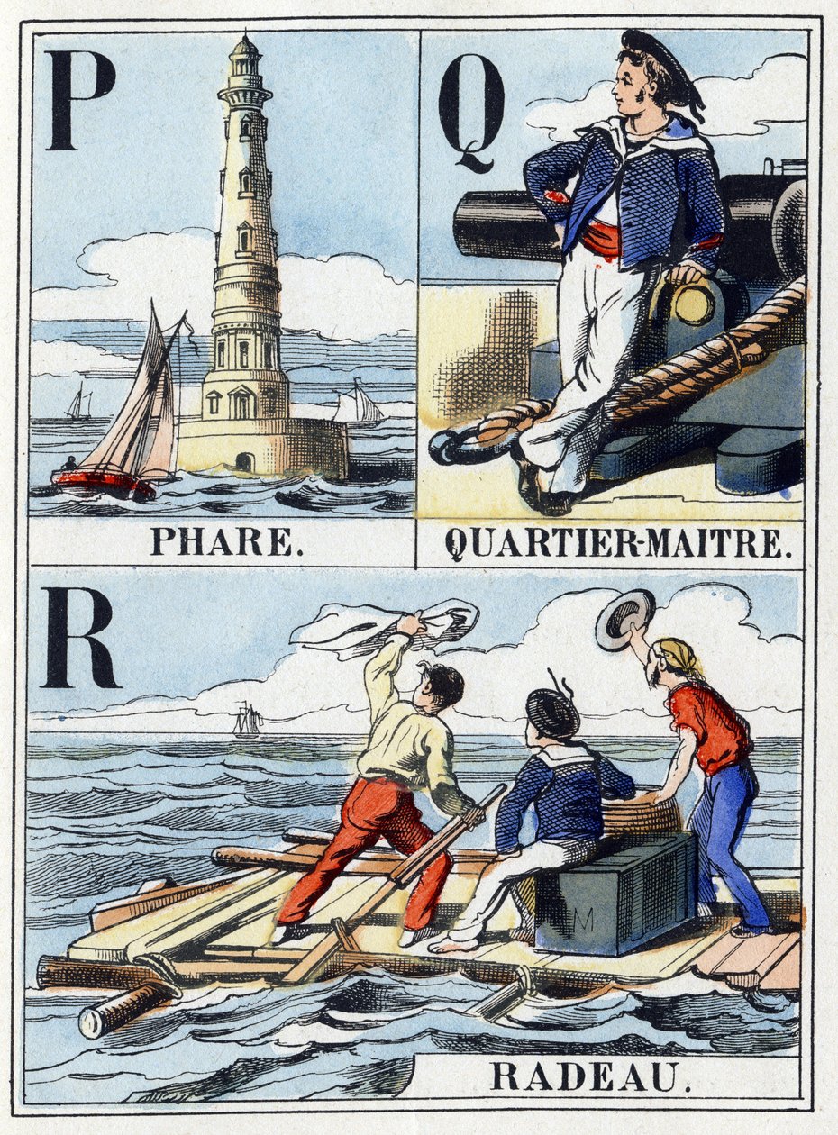 Bokstäverna P som fyr, bokstaven Q som Quartier Maitre, bokstaven R som flotte. Navy abecedary på 16 sidor innehållande ett alfabet med versaler. Epinal bild, sent 1800-tal. Stencilerade trägravyrer Mått: 21x14,5cm av French School