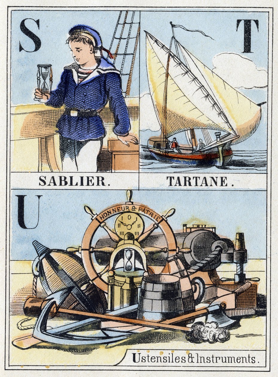 Bokstäverna S som timglas, bokstaven T som tartan, bokstaven U som redskap och instrument. Navy abecedary på 16 sidor innehållande ett alfabet med versaler. Epinal bild, sent 1800-tal. Stencilerade trägravyrer Mått: 21x14,5cm av French School