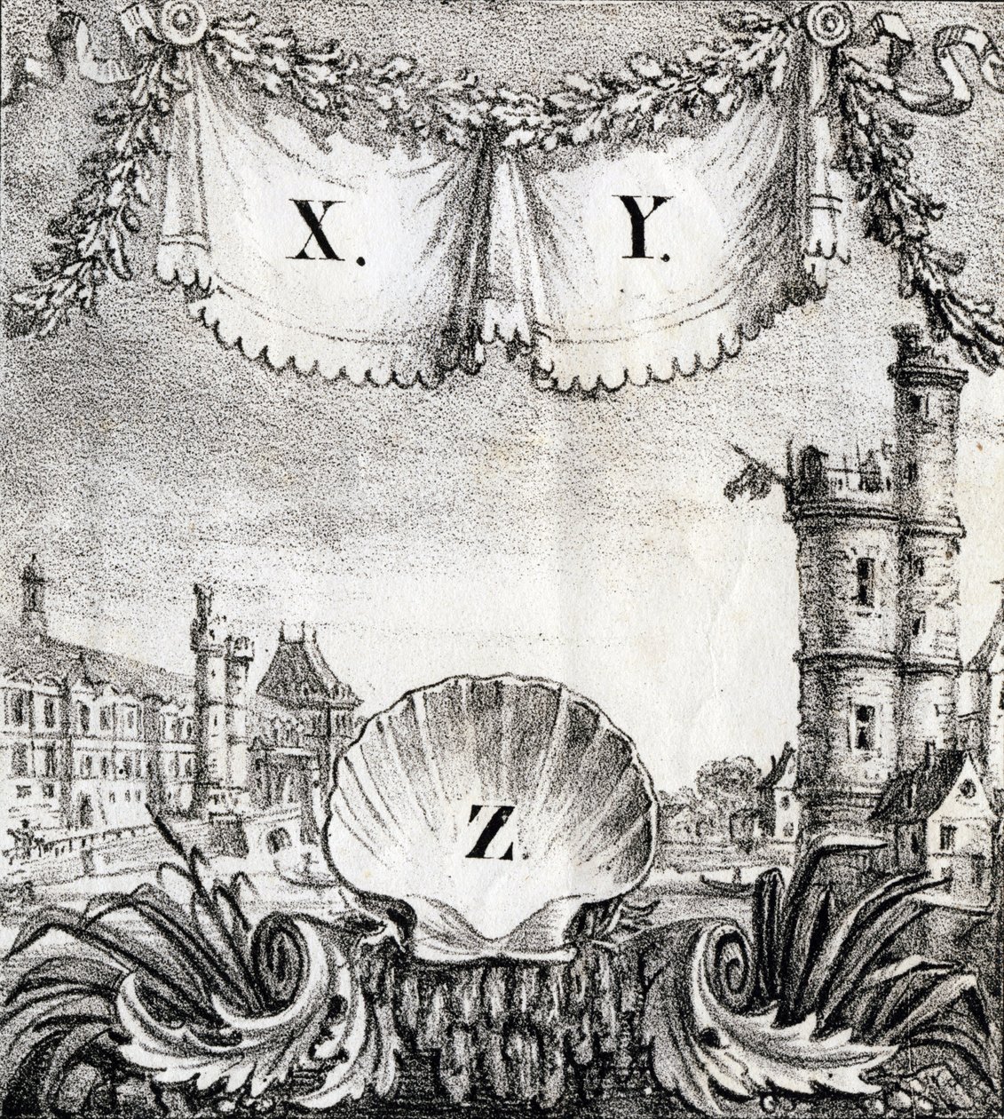 Bokstäverna X, Y och Z: Paris år 1500 - "Alphabet Picturesque des Monumens de Paris" ca 1840 (gravyr) av French School