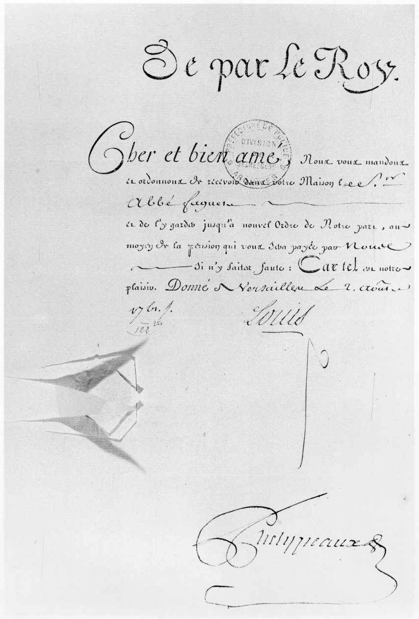 Lettre de Cachet av kung Ludvig XV att fängsla Abbe Faguer, 2 augusti 1761 (penna och bläck på papper) av French School