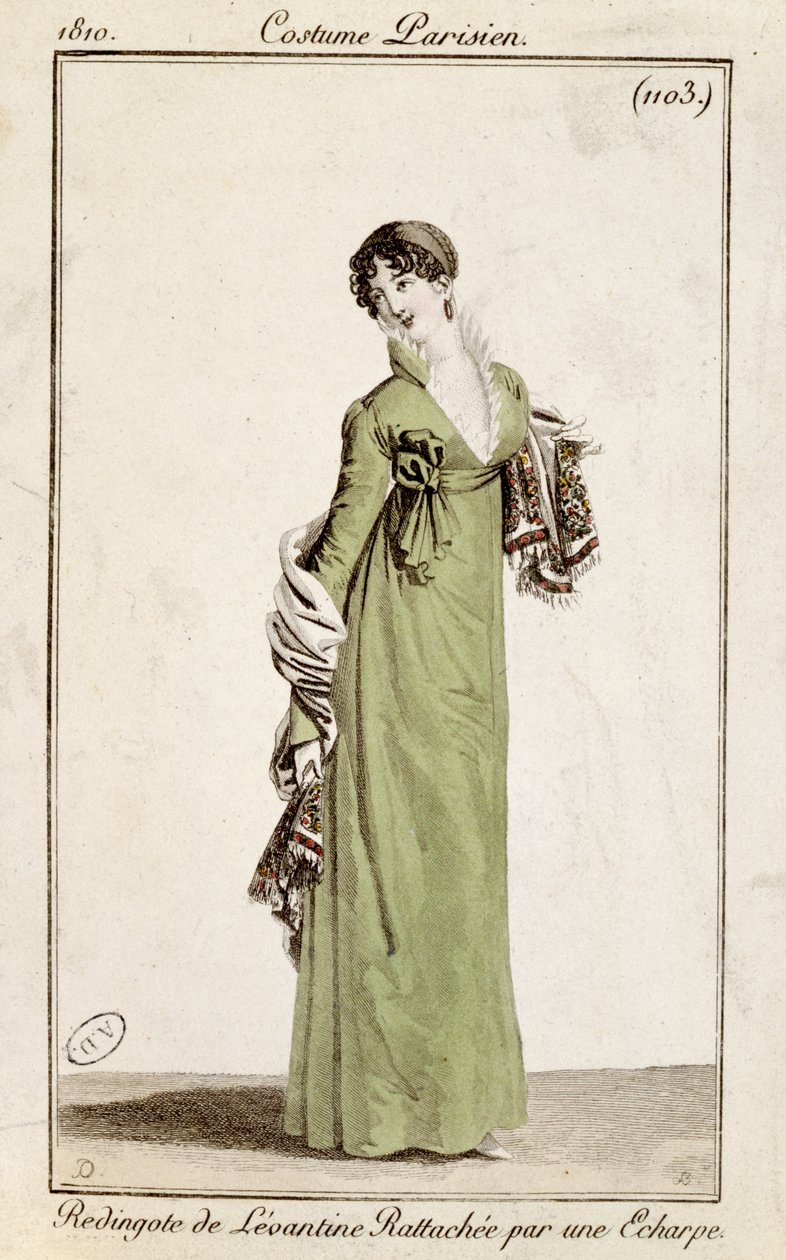 Levantinsk klänning fäst med en halsduk, modetallrik från Costume Parisien, 1810 av French School