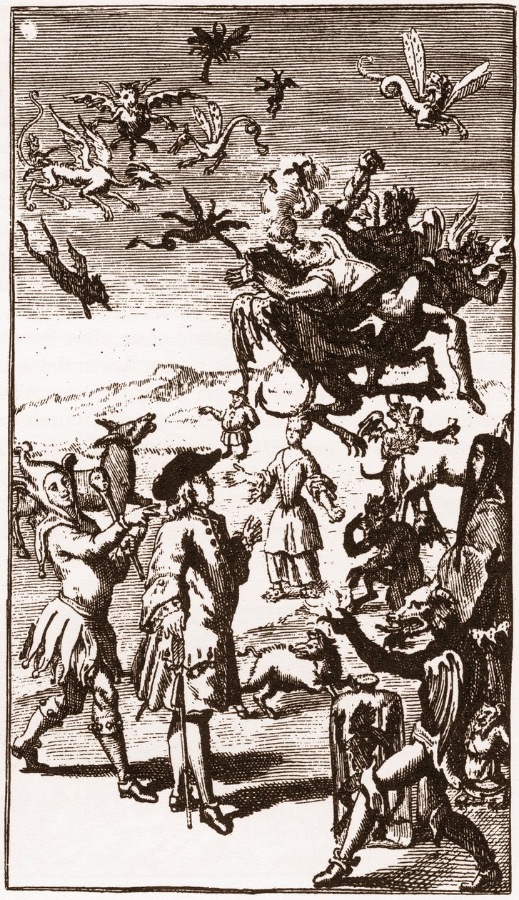 Demonernas frammaning, gravyr från 1710 i "Berättelsen om Monsieur Oufles extravaganta fantasi" av Laurent Bordelon (1653-1730) av French School