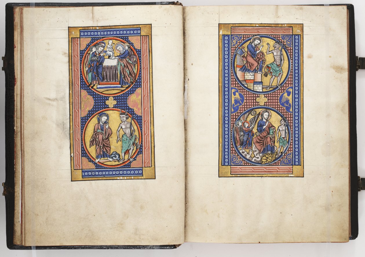 Lewis Psalter ff.8v-9r, Presentation in the Temple, and the Three Temptations of Christ, c.1225-40 (tempera & guld på veläng) av French School