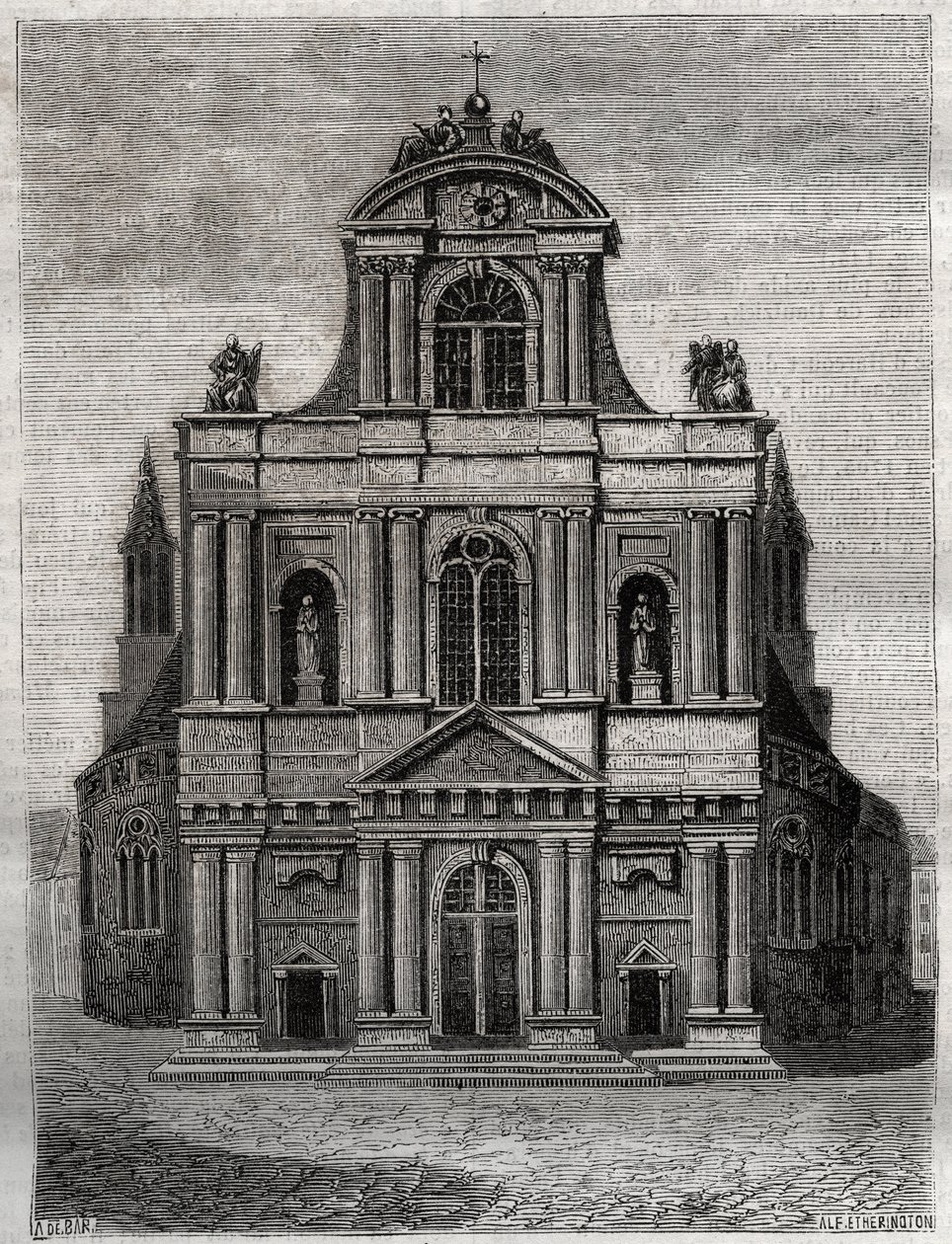 Kyrkan Saint Gervais Saint Protais (Saint-Gervais-Saint-Protais) (fasad av Clement II Metezeau) Paris (4:e arr) Gravyr i "" Fysisk, civil och moralisk historia av Paris: från de tidigaste historiska tiderna till idag ” av Jacques Antoine Dulaure av French School