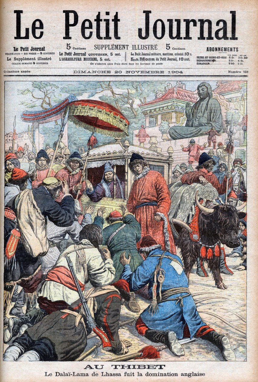 Lhasas 13:e Dalai Lama (Thubten Gyatso) (1876-1933) på flykt från engelska dominans i "Le Petit Journal" den 20 november av French School