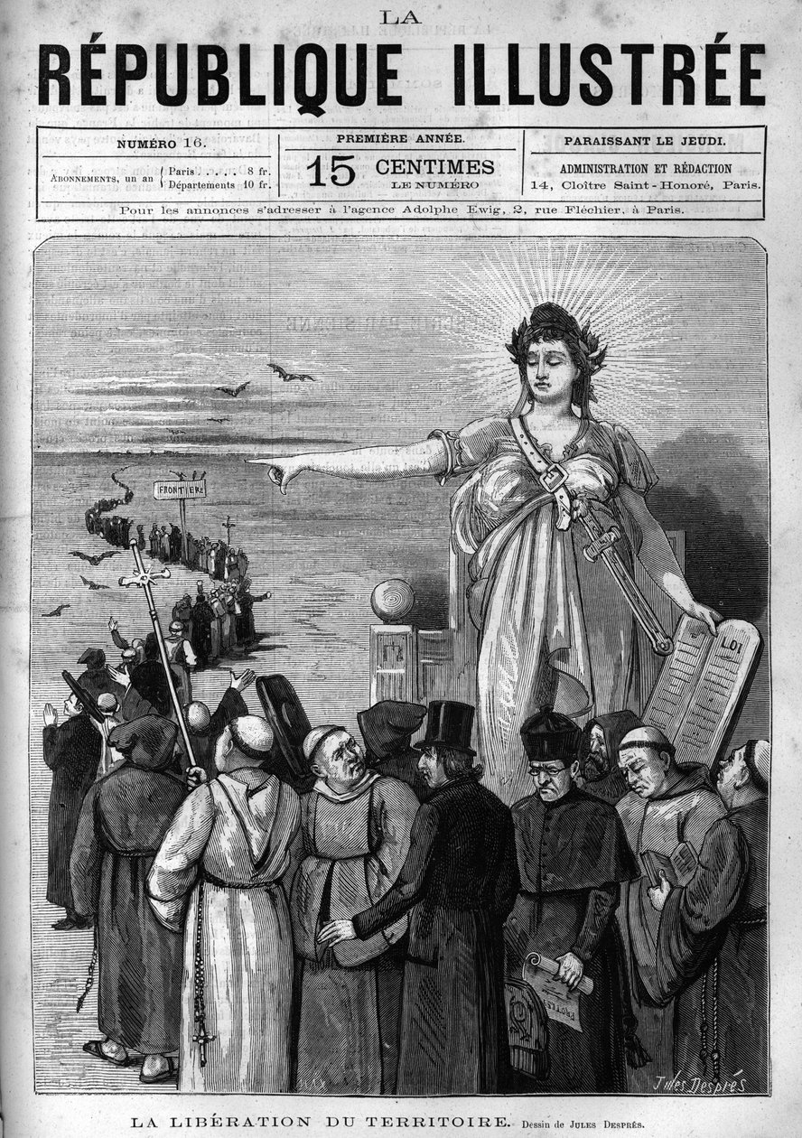 Befrielse av territoriet: Franska republiken utvisar otillåtna religiösa församlingar från franskt territorium efter dekreten från mars 1880 som fattats av Jules Ferry och berövar dem rätten att undervisa. En tidning. Gravyr från 1880 i ”La re av French School