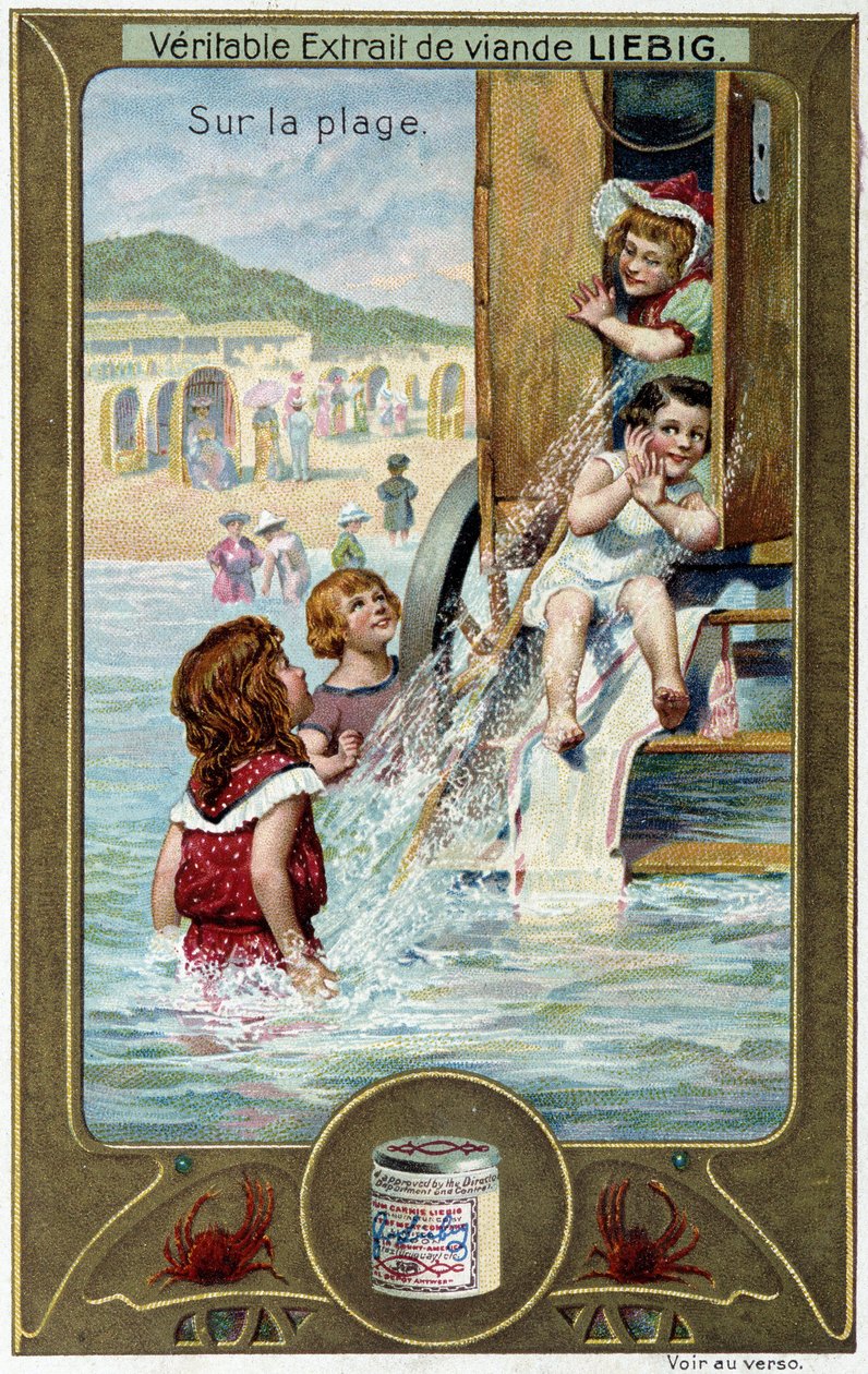 Liebig kromolitografiserie "Strandlek" med barn. sd. 19:e århundradet av French School