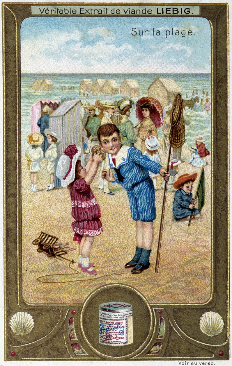 Liebig kromolitografiserie "Strandlek" med barn. sd. 19:e århundradet av French School