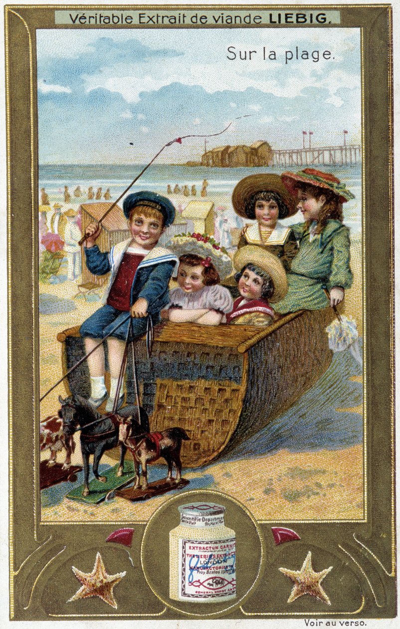Liebig kromolitografiserie "Strandlek" med barn. sd. 19:e århundradet av French School
