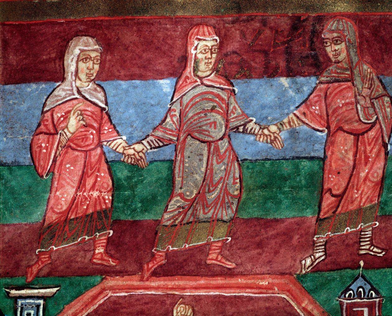 St Radegund av Poitiers liv, kvinnor som dansar och sjunger sekulära sånger (miniatyr av French School