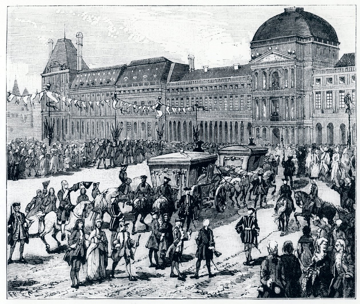 Livet under Ludvig XV: kungen anländer till Palais des Tuileries, där drottningen och delfinen väntar på honom - i "Paris genom århundradena" av Genouillac av French School