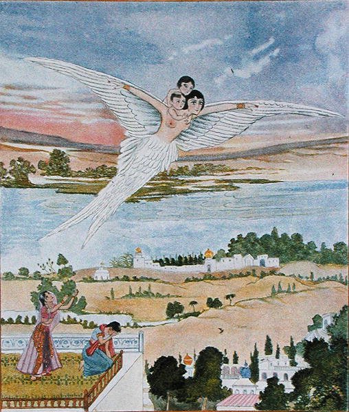 Lyfta de två små upp i luften, illustration från "The Arabian Nights" av French School