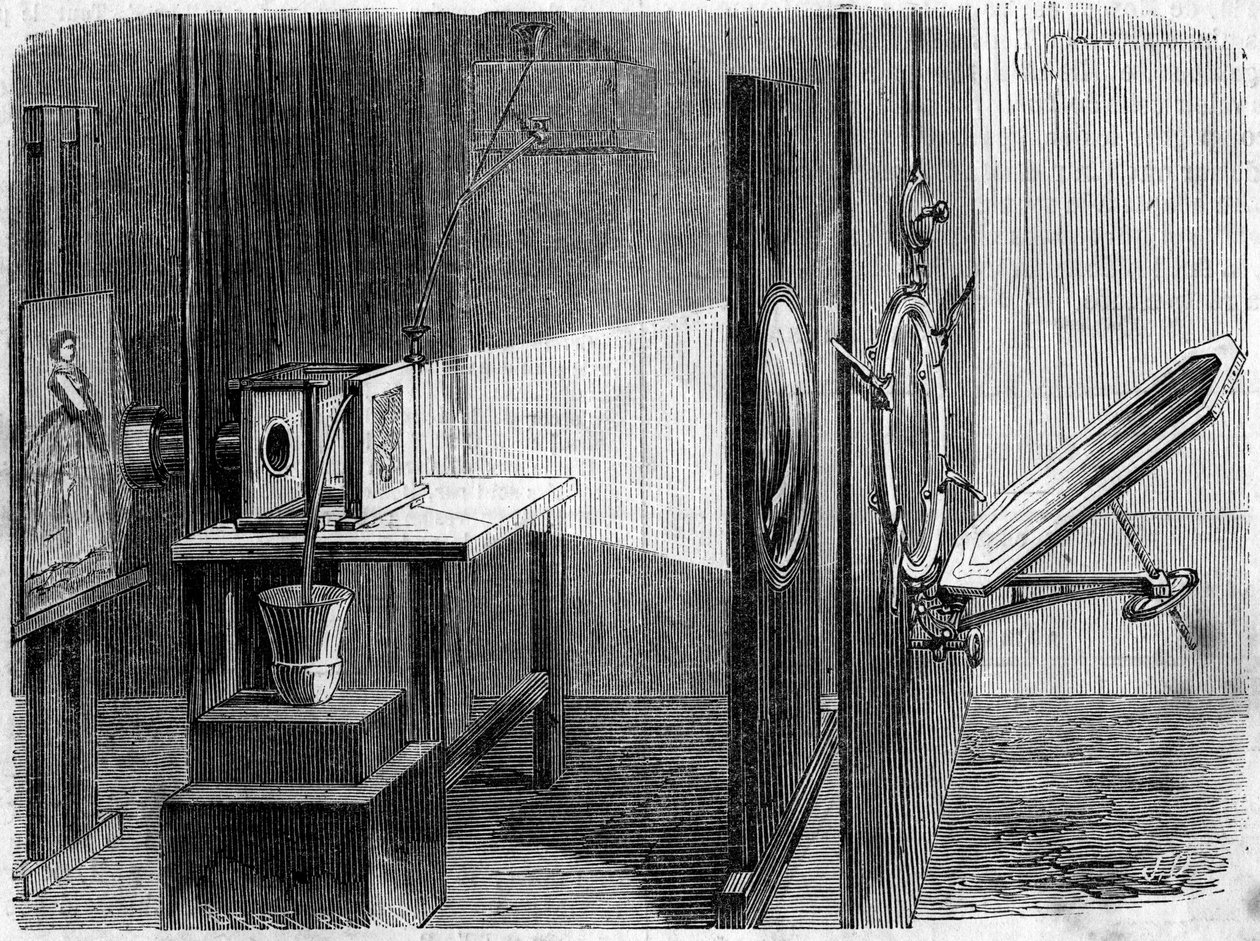 Light Door Gäller fotografi uppfunnen av Edouard Delessert (1828-1898). Spegeln reflekterar solens strålar och återför dem till en lins som återförenar dem i en stråle för att få dem att konvergera till en kliché vars bild, återgiven av en Daguerre-kamera, av French School